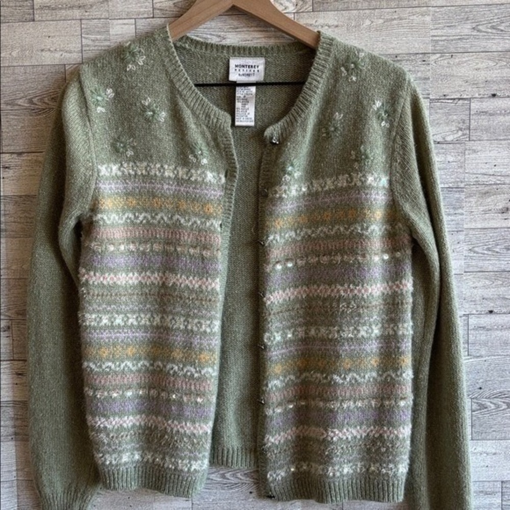 Fair Isle Cardigan sweater Ramie Angora Koret green womens Small Teacher Coastal